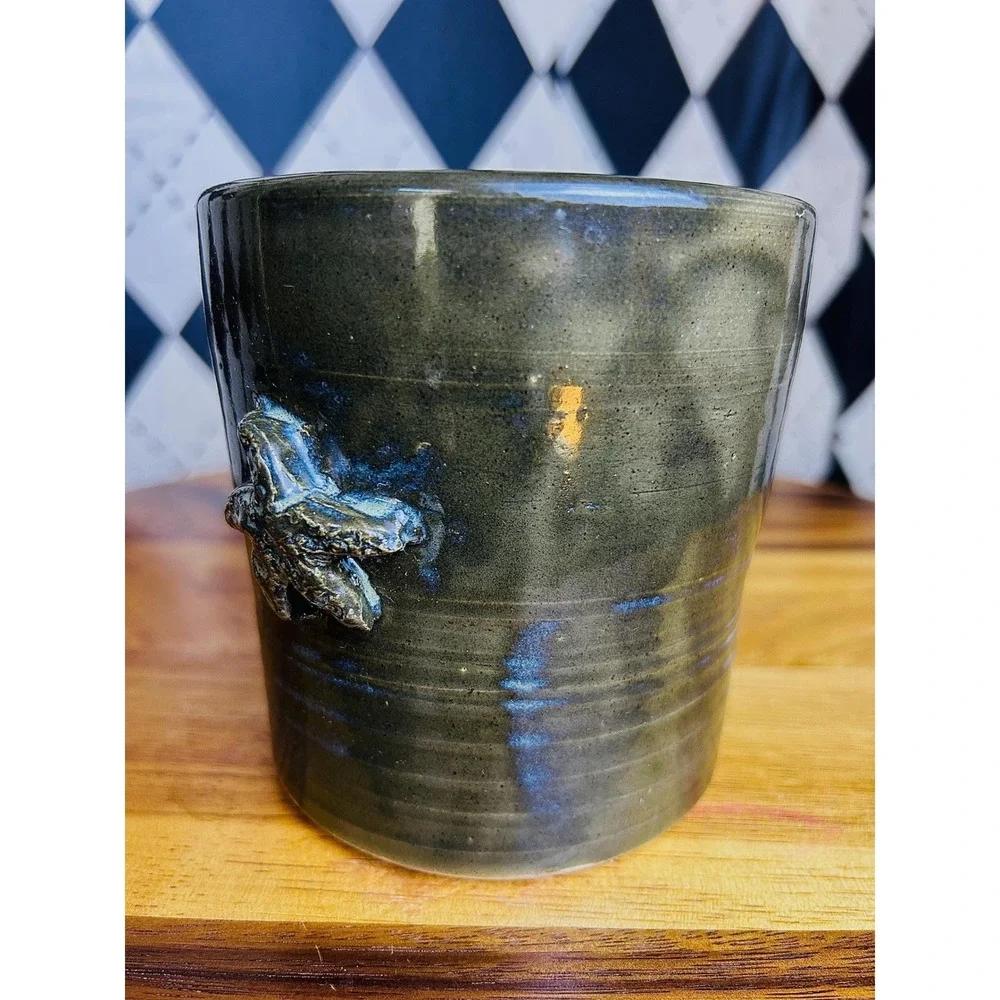 Signed Coastal Studio Pottery Green‎ Blue Glazed Vase Starfish Planter Ceramic